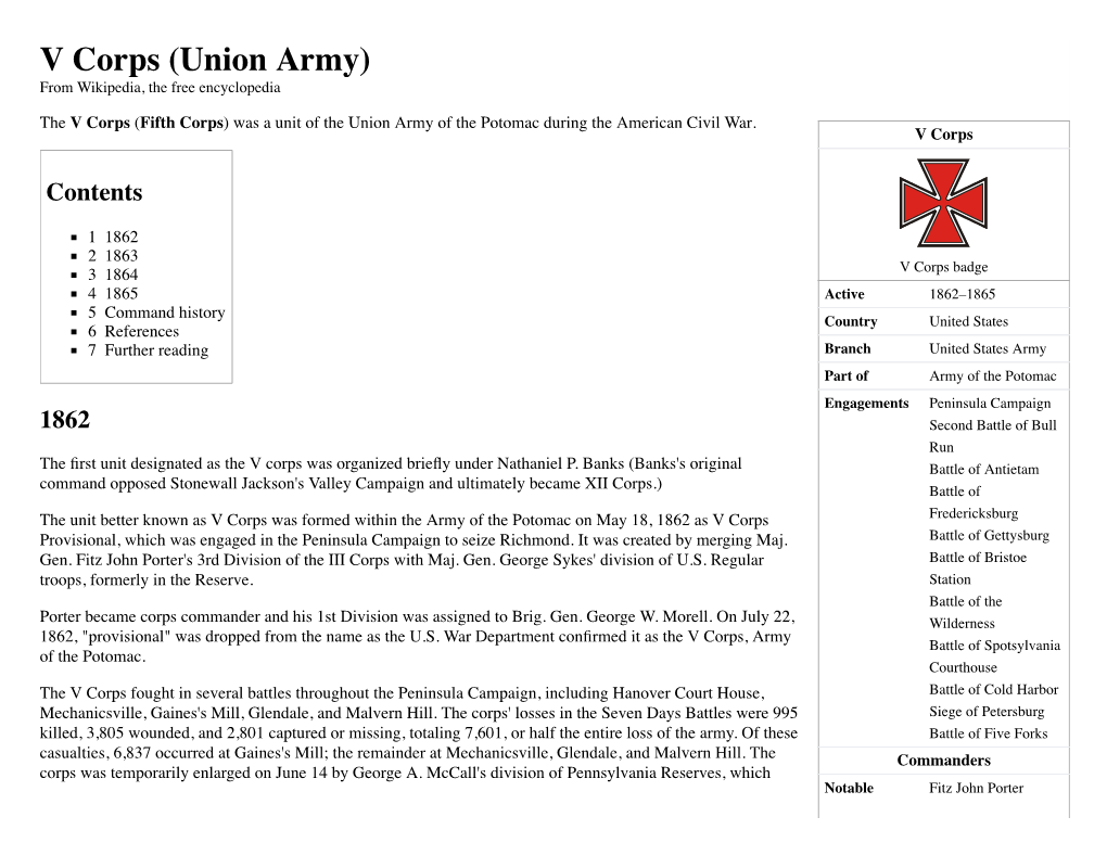 V Corps (Union Army) from Wikipedia, the Free Encyclopedia