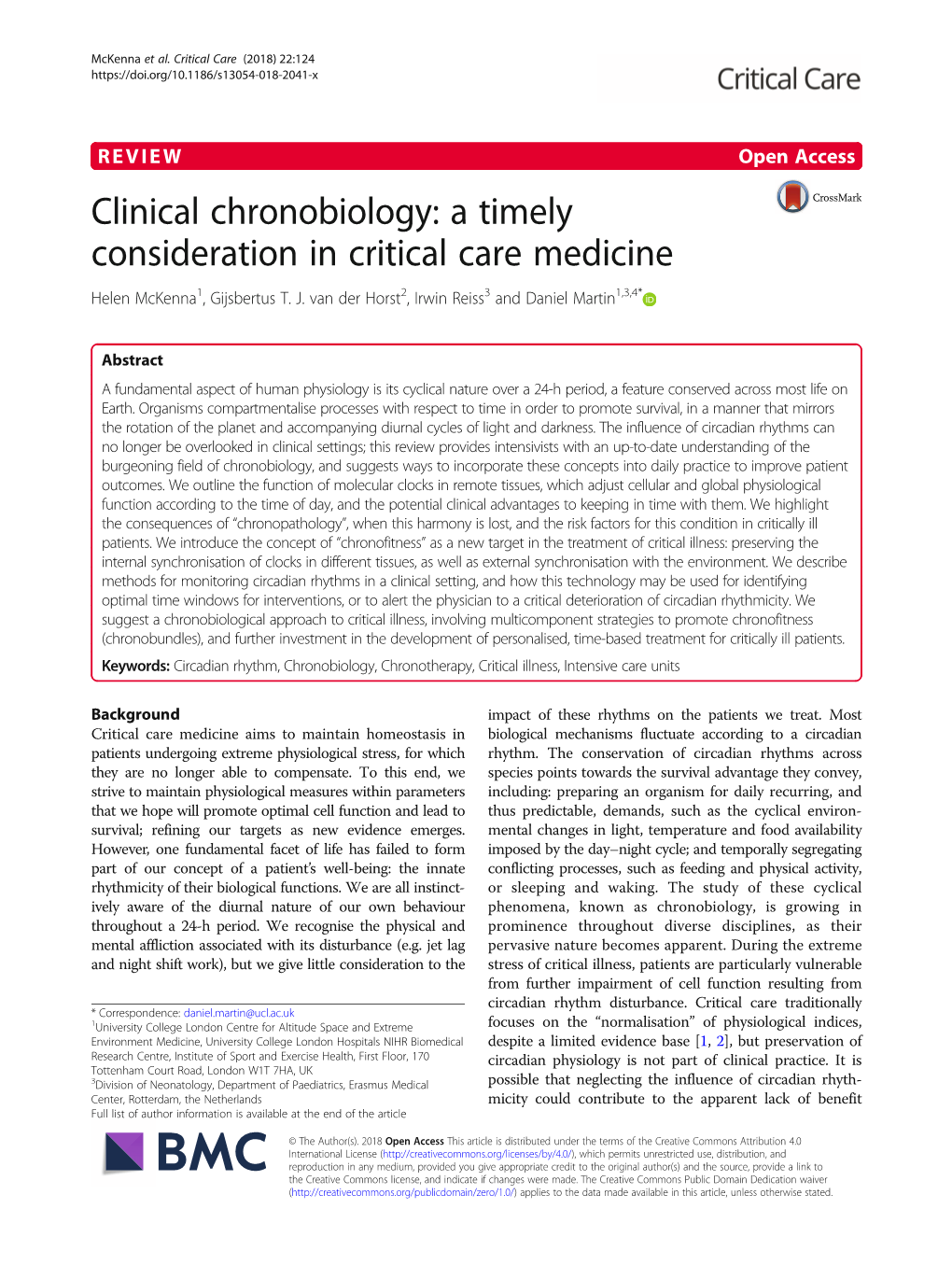 Clinical Chronobiology: a Timely Consideration in Critical Care Medicine Helen Mckenna1, Gijsbertus T