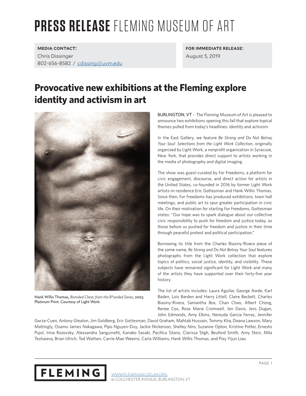 Press Release Fleming Museum of Art