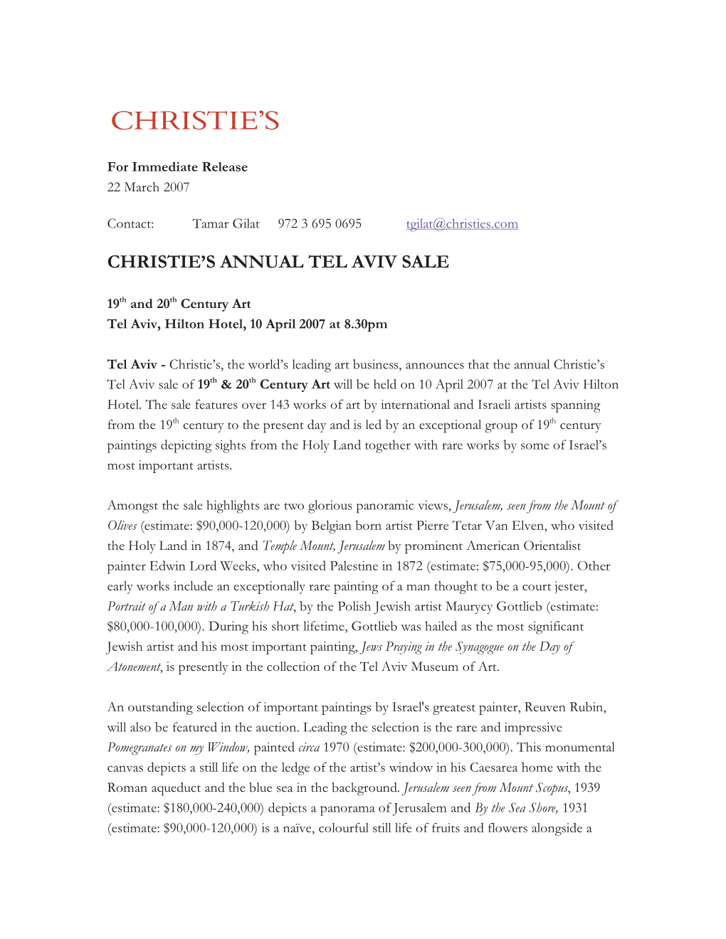 Christie's Annual Tel Aviv Sale
