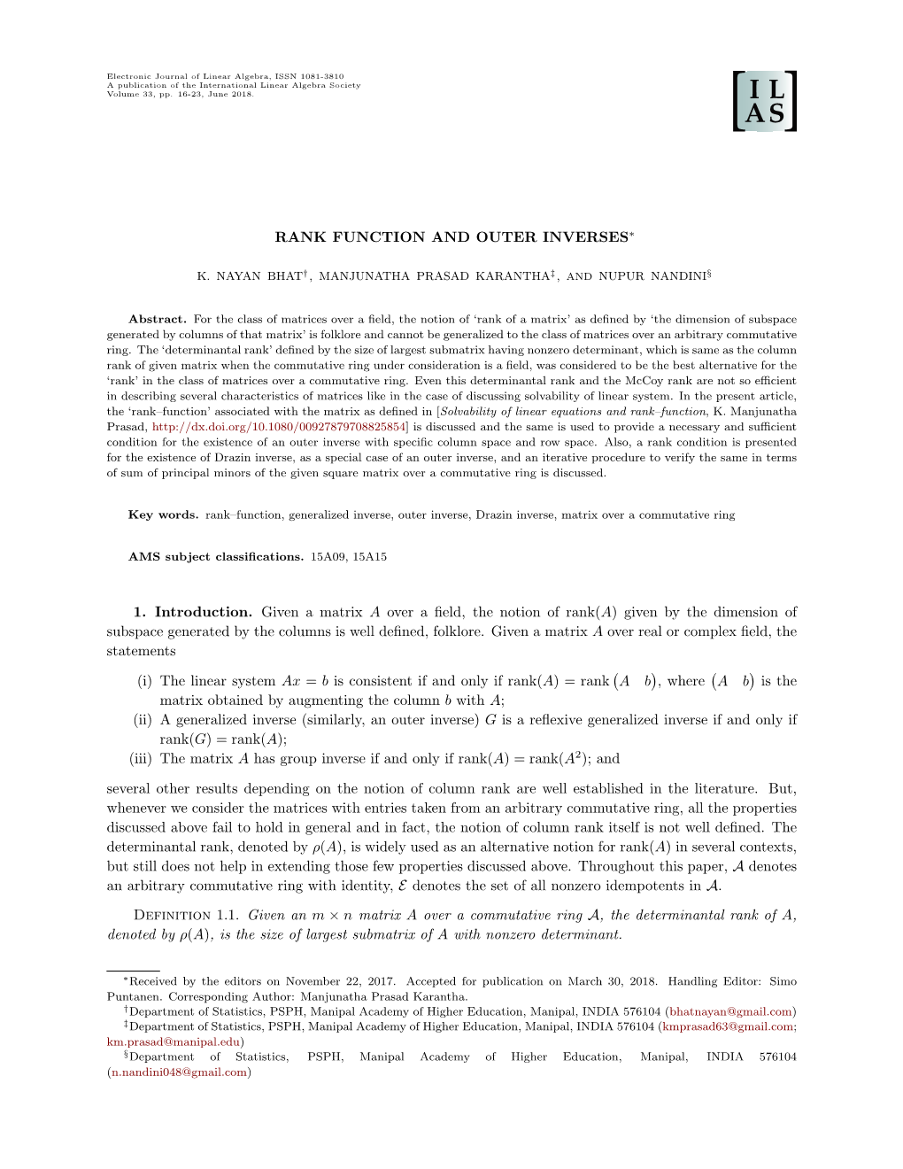 RANK FUNCTION and OUTER INVERSES∗ 1. Introduction. Given