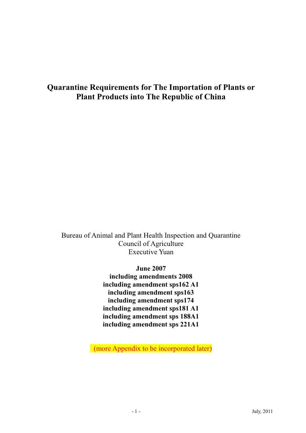 Taiwan, Quarantine Regulation for Importation of Plants