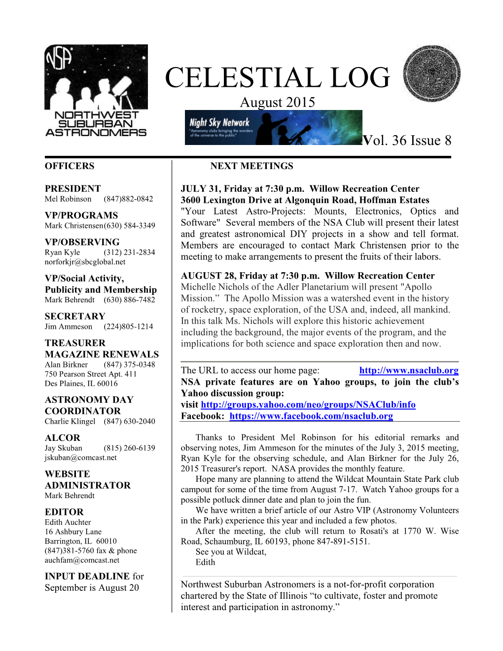 CELESTIAL LOG August 2015