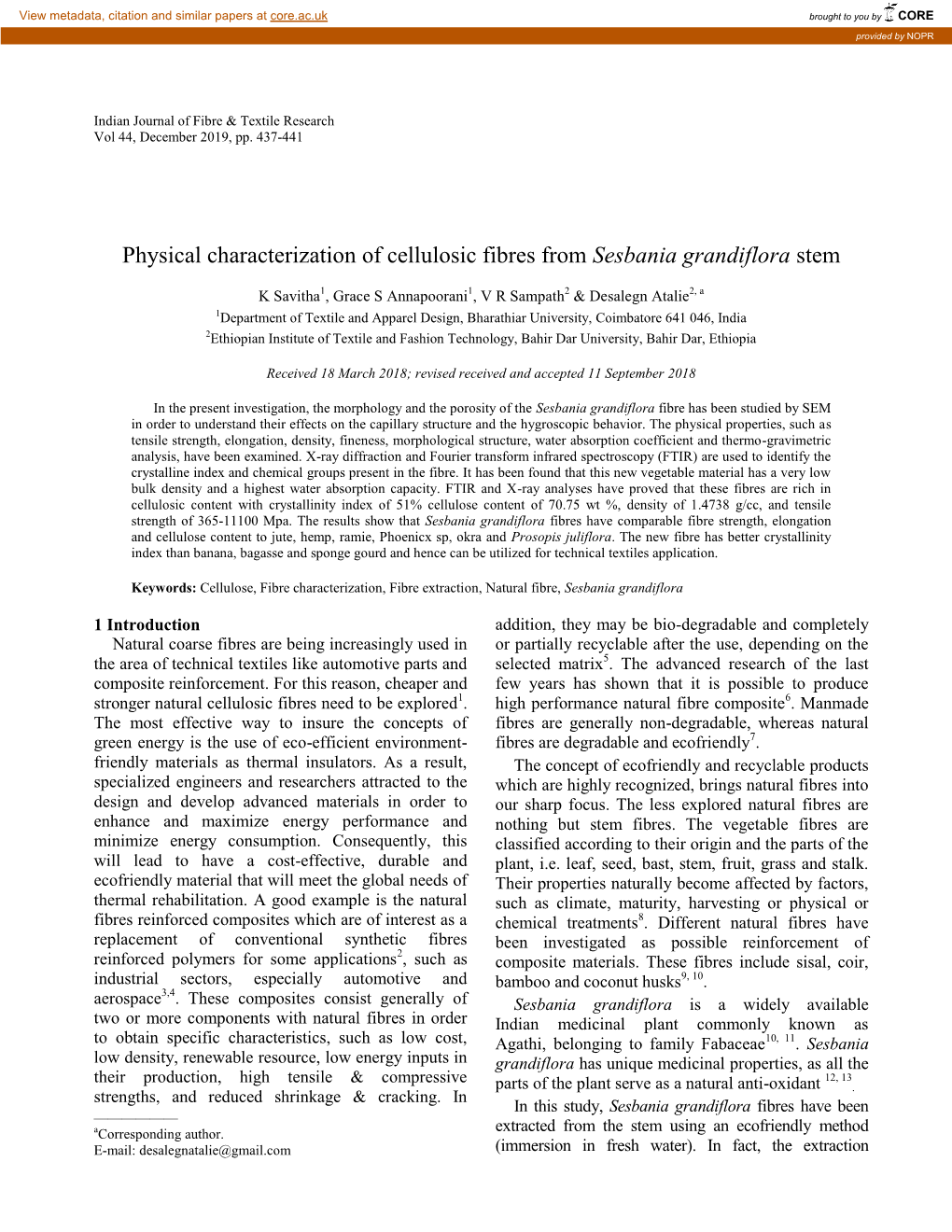 Physical Characterization of Cellulosic Fibres from Sesbania Grandiflora Stem