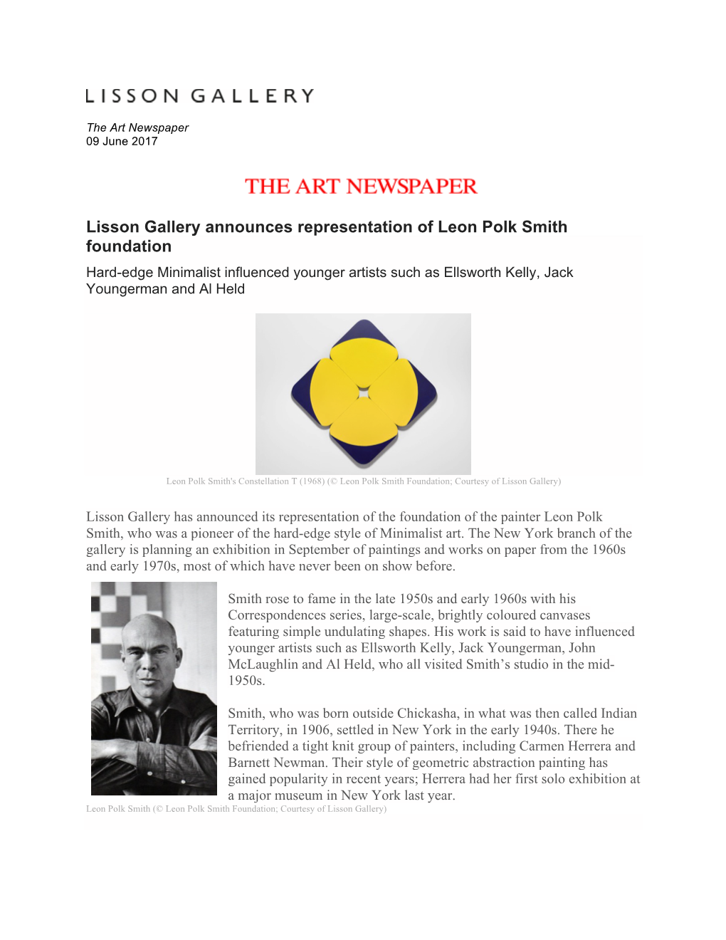 Lisson Gallery Announces Representation of Leon Polk Smith