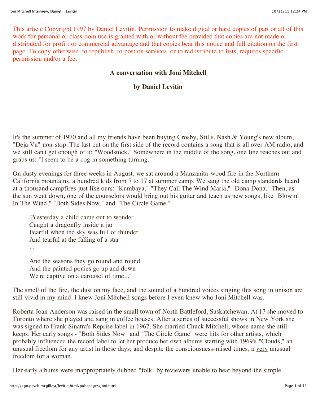 Joni Mitchell Interview, Daniel J. Levitin 10/31/11 12:24 PM
