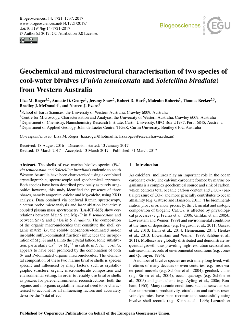 Geochemical and Microstructural Characterisation of Two Species of Cool-Water Bivalves (Fulvia Tenuicostata and Soletellina Biradiata) from Western Australia