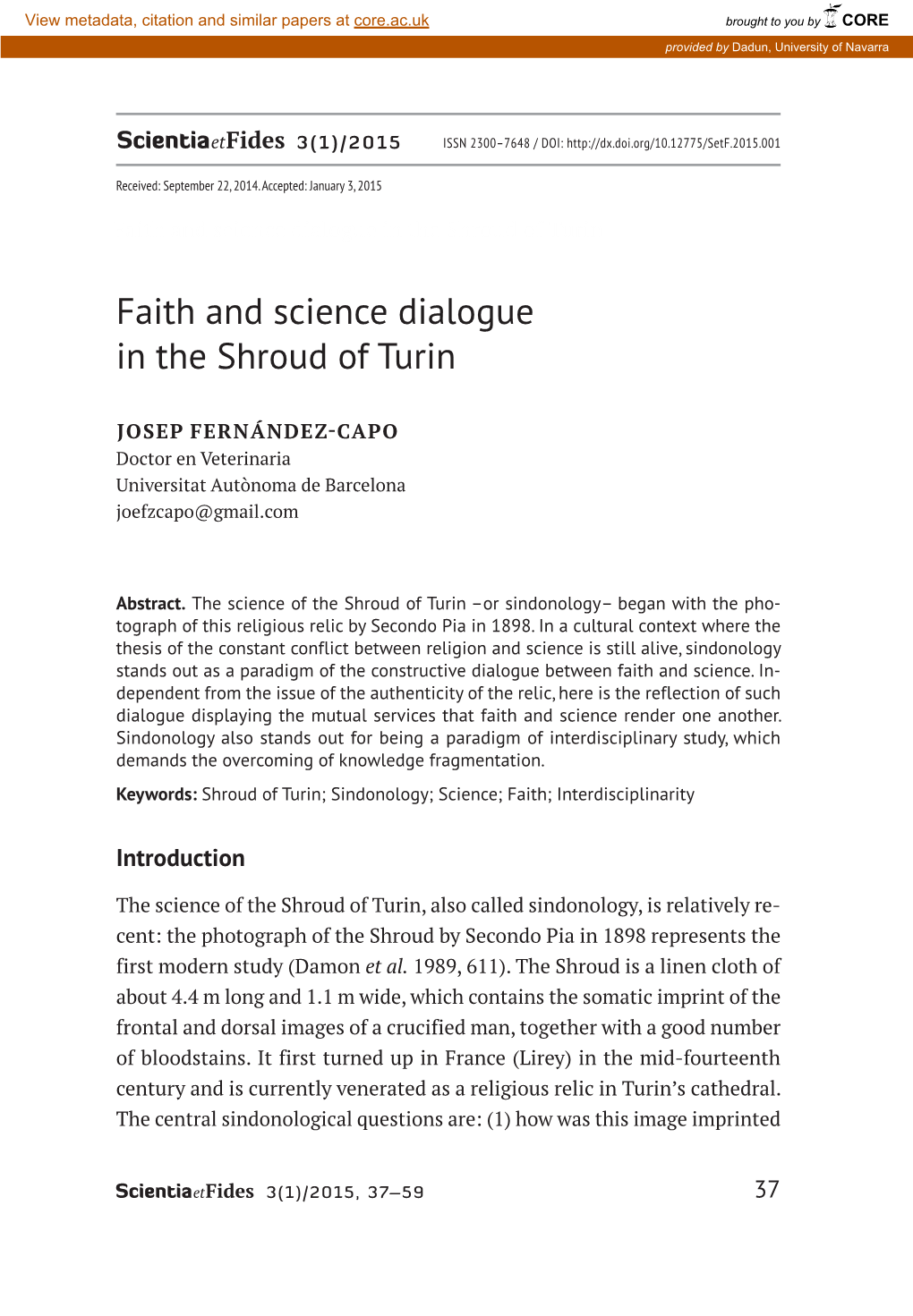 Faith and Science Dialogue in the Shroud of Turin