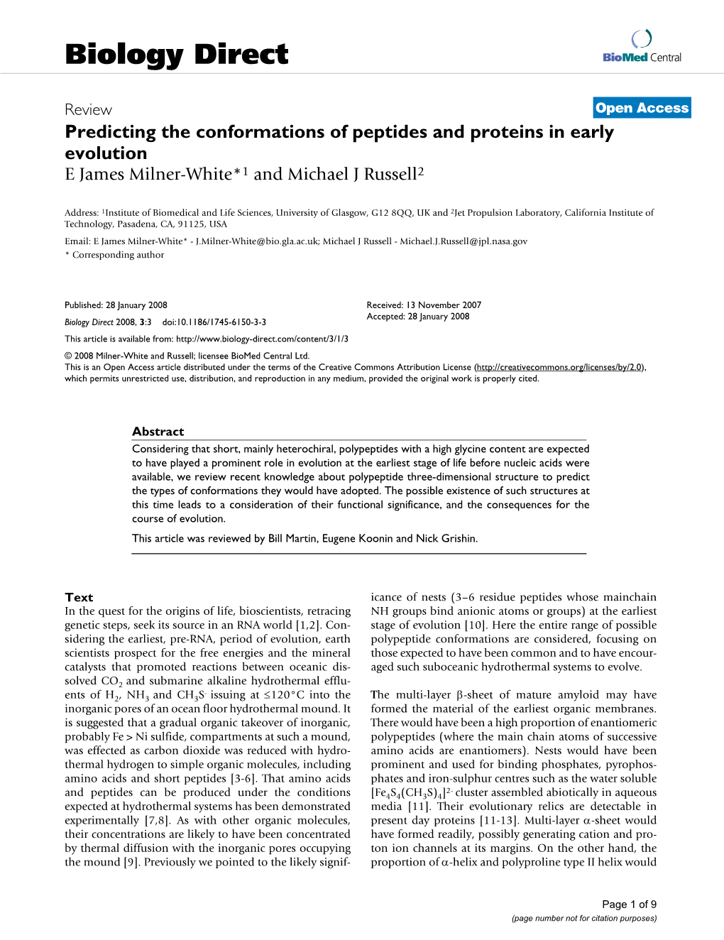 Predicting the Conformations of Peptides and Proteins in Early Evolution E James Milner-White*1 and Michael J Russell2