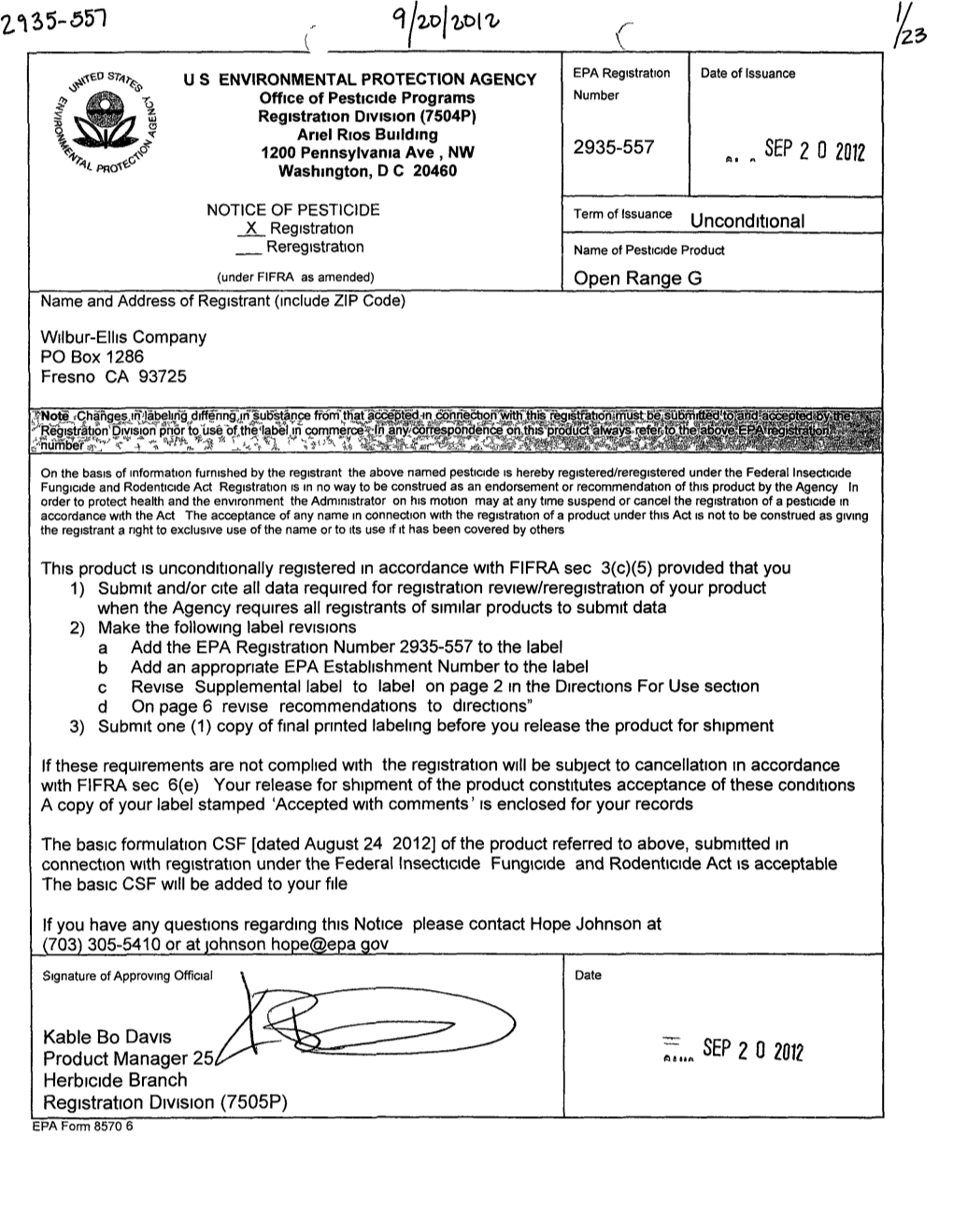 US EPA, Pesticide Product Label, OPEN RANGE G, 09/20/2012