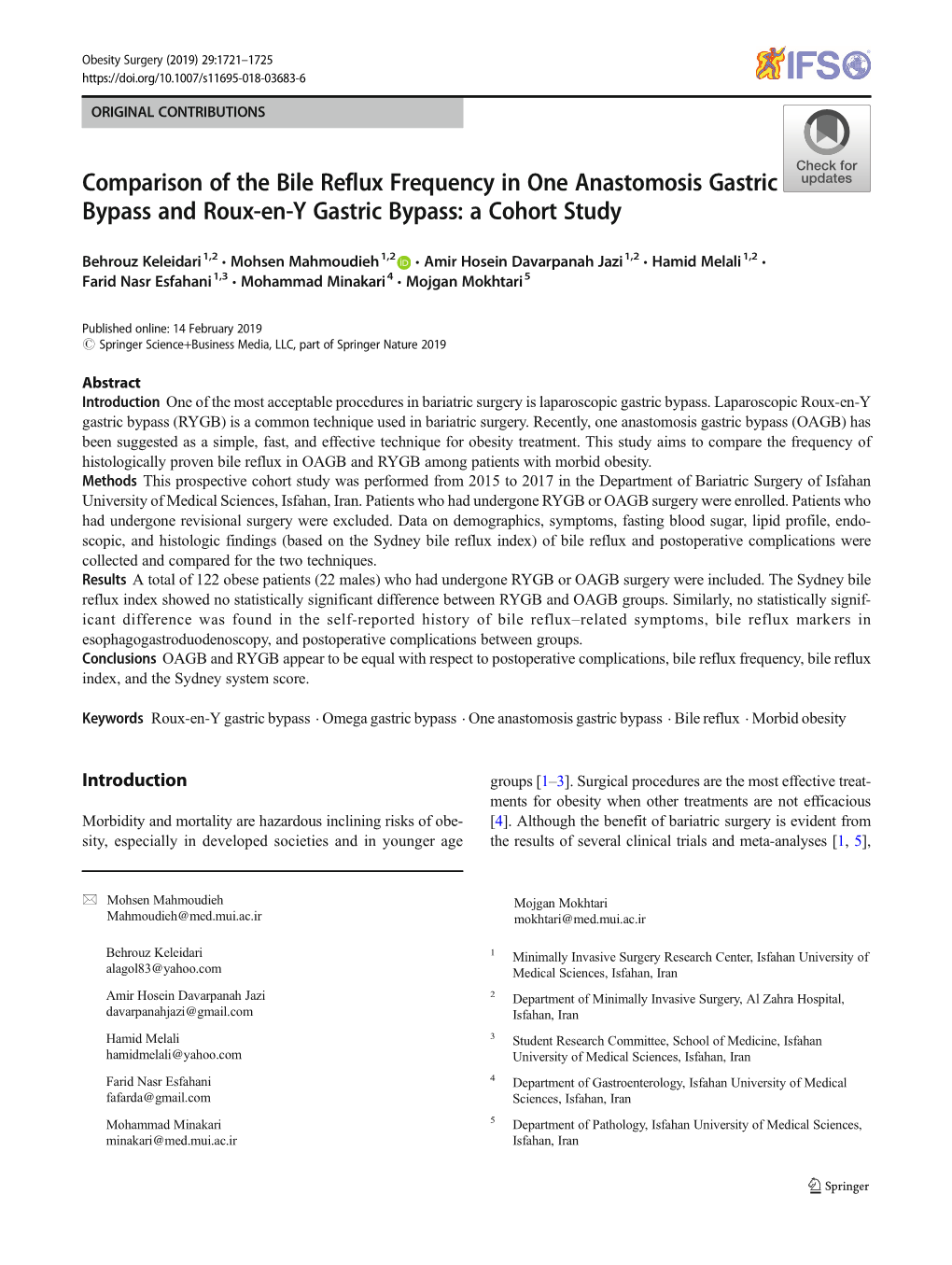 Comparison of the Bile Reflux Frequency in One Anastomosis Gastric Bypass and Roux-En-Y Gastric Bypass: a Cohort Study