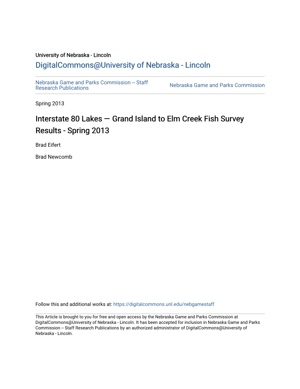 Interstate 80 Lakes — Grand Island to Elm Creek Fish Survey Results - Spring 2013