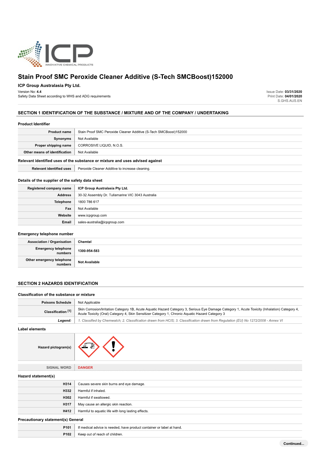SMC Peroxide Cleaner Additive (S-Tech Smcboost)152000 ICP Group Australasia Pty Ltd