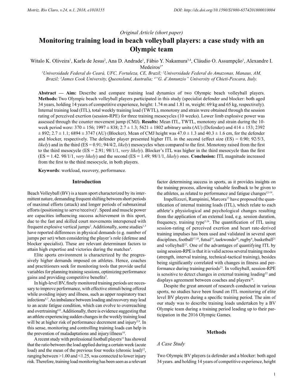 Monitoring Training Load in Beach Volleyball Players: a Case Study with an Olympic Team Witalo K