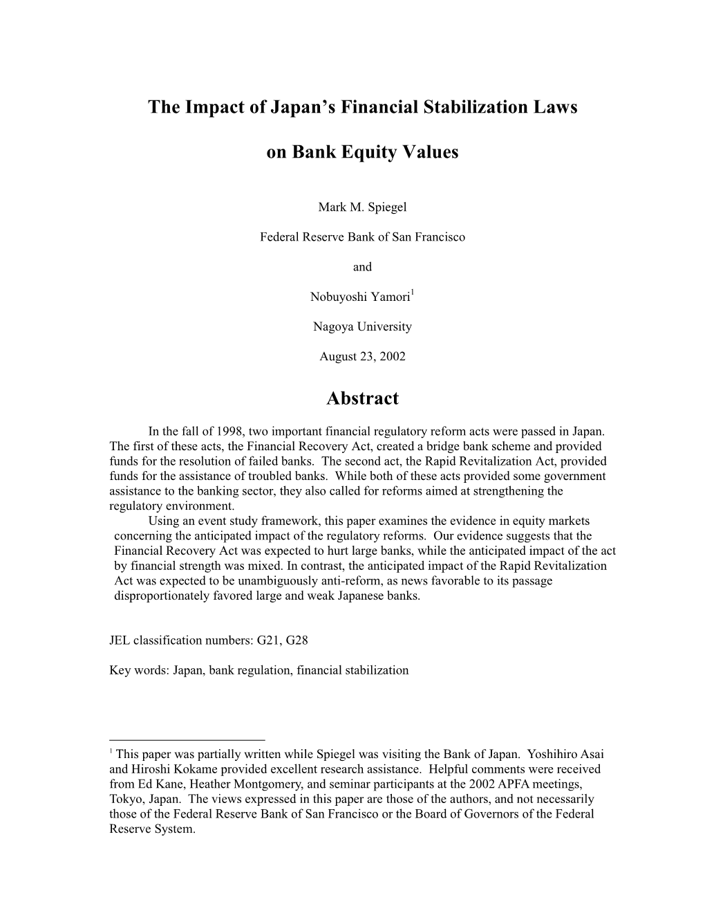 The Impact of Japan's Financial Stabilization Laws on Bank Equity