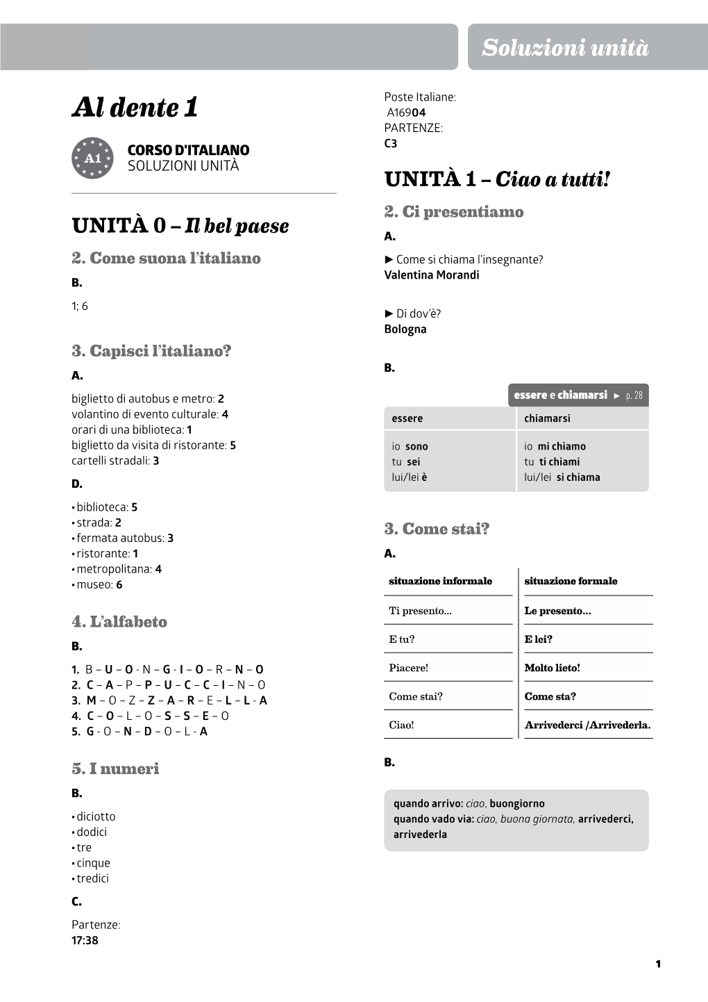Al Dente 1 A16904 PARTENZE: C3 A1 CORSO D'italiano Soluzioni Unità UNITÀ 1 – Ciao a Tutti! 2