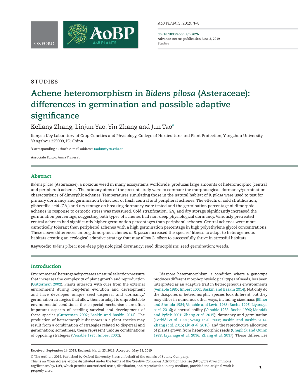 Achene Heteromorphism in Bidens Pilosa (Asteraceae)