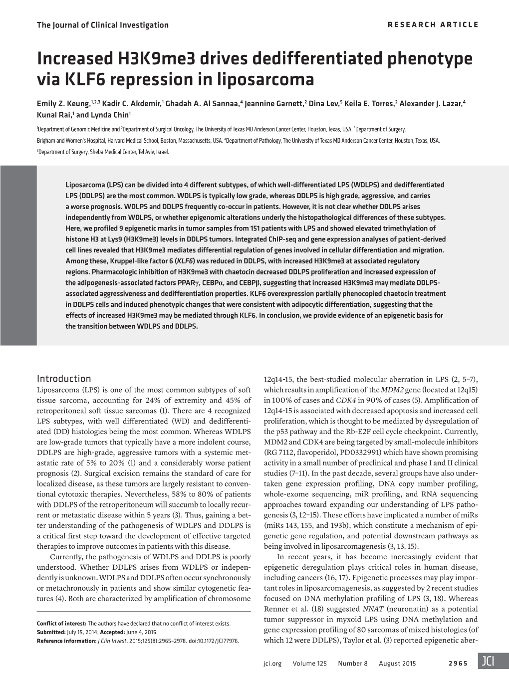 Increased H3k9me3 Drives Dedifferentiated Phenotype Via KLF6 Repression in Liposarcoma