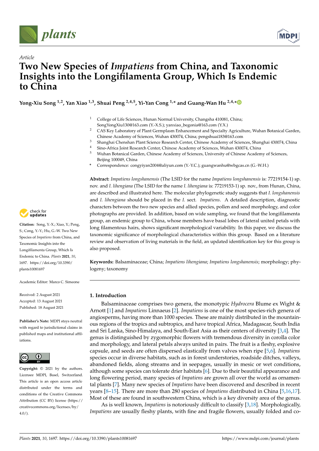 Two New Species of Impatiens from China, and Taxonomic Insights Into the Longiﬁlamenta Group, Which Is Endemic to China