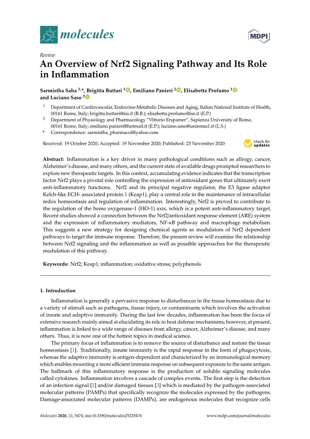 An Overview of Nrf2 Signaling Pathway and Its Role in Inflammation