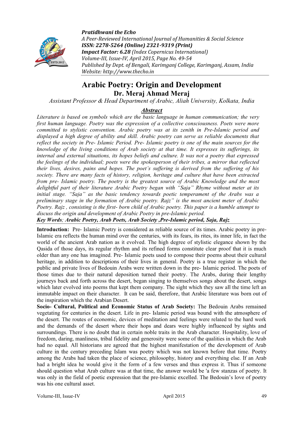 Arabic Poetry: Origin and Development Dr