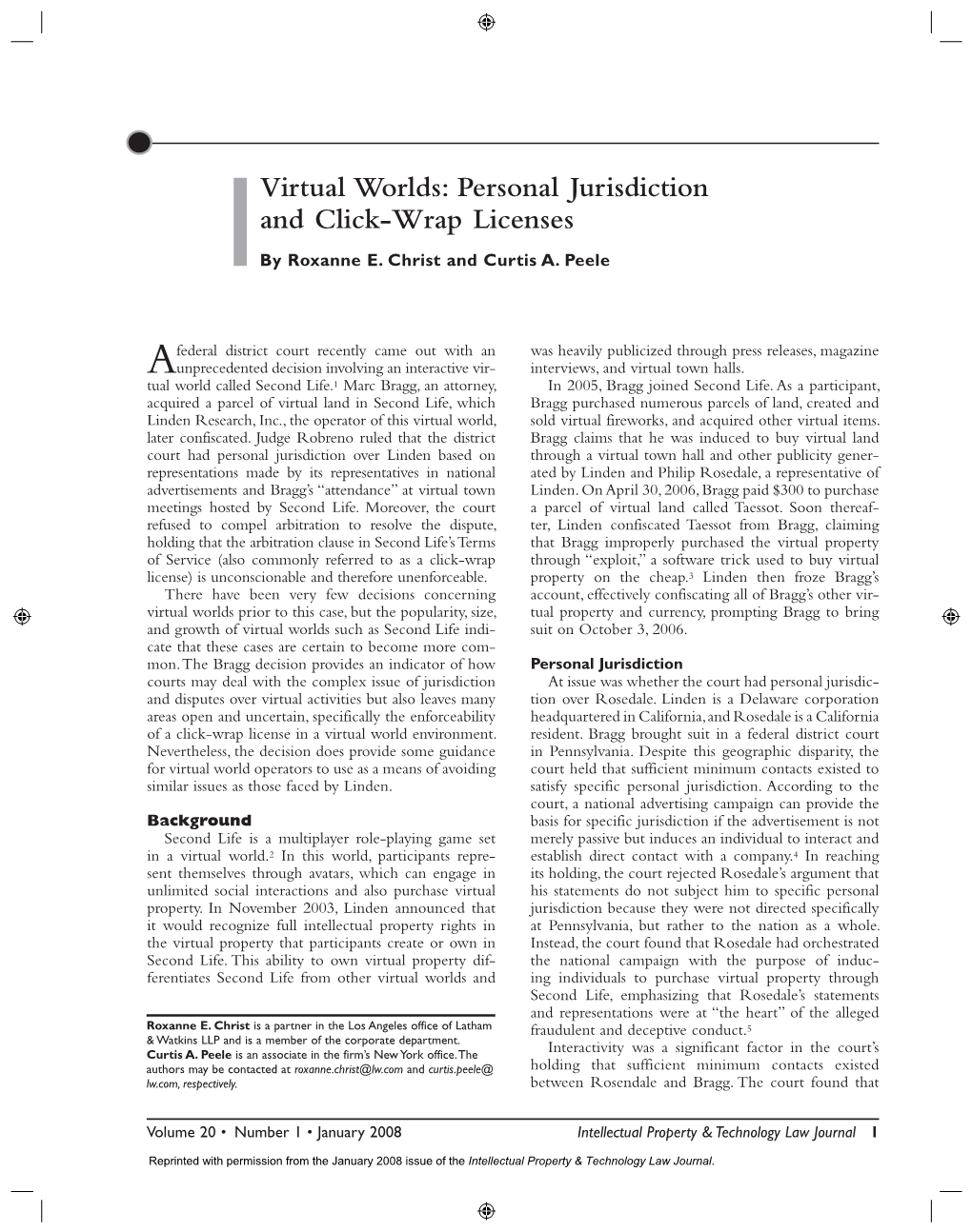 Virtual Worlds: Personal Jurisdiction and Click-Wrap Licenses