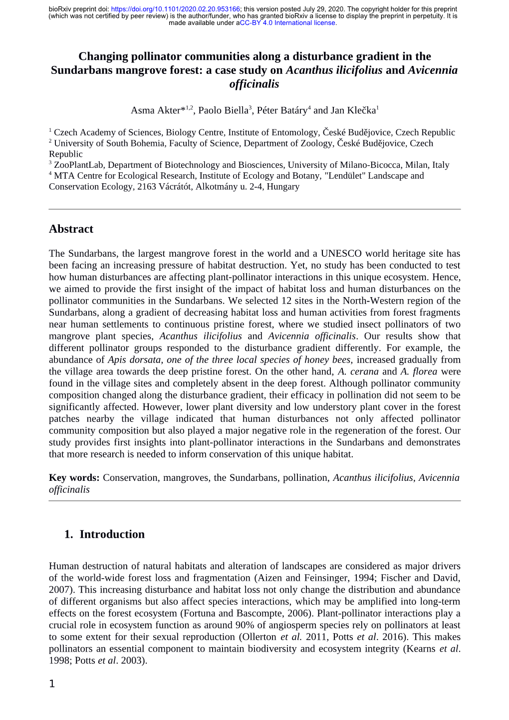 Changing Pollinator Communities Along a Disturbance Gradient in the Sundarbans Mangrove Forest: a Case Study on Acanthus Ilicifolius and Avicennia Officinalis