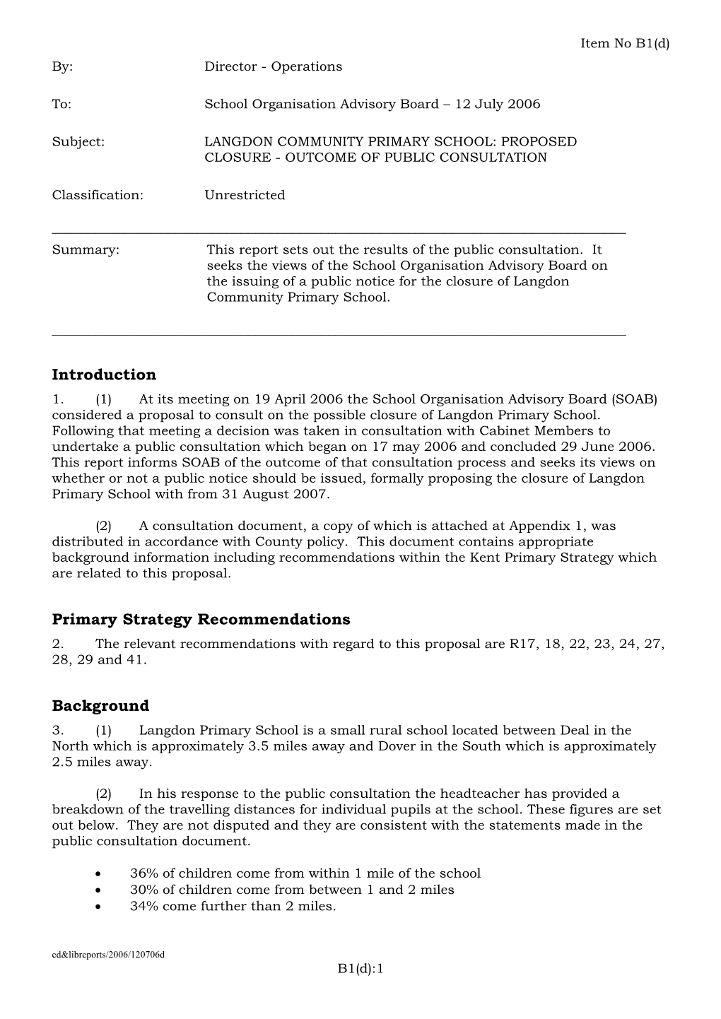 Outcome of Public Consultation on Proposed Closure of Langdon Community Primary School