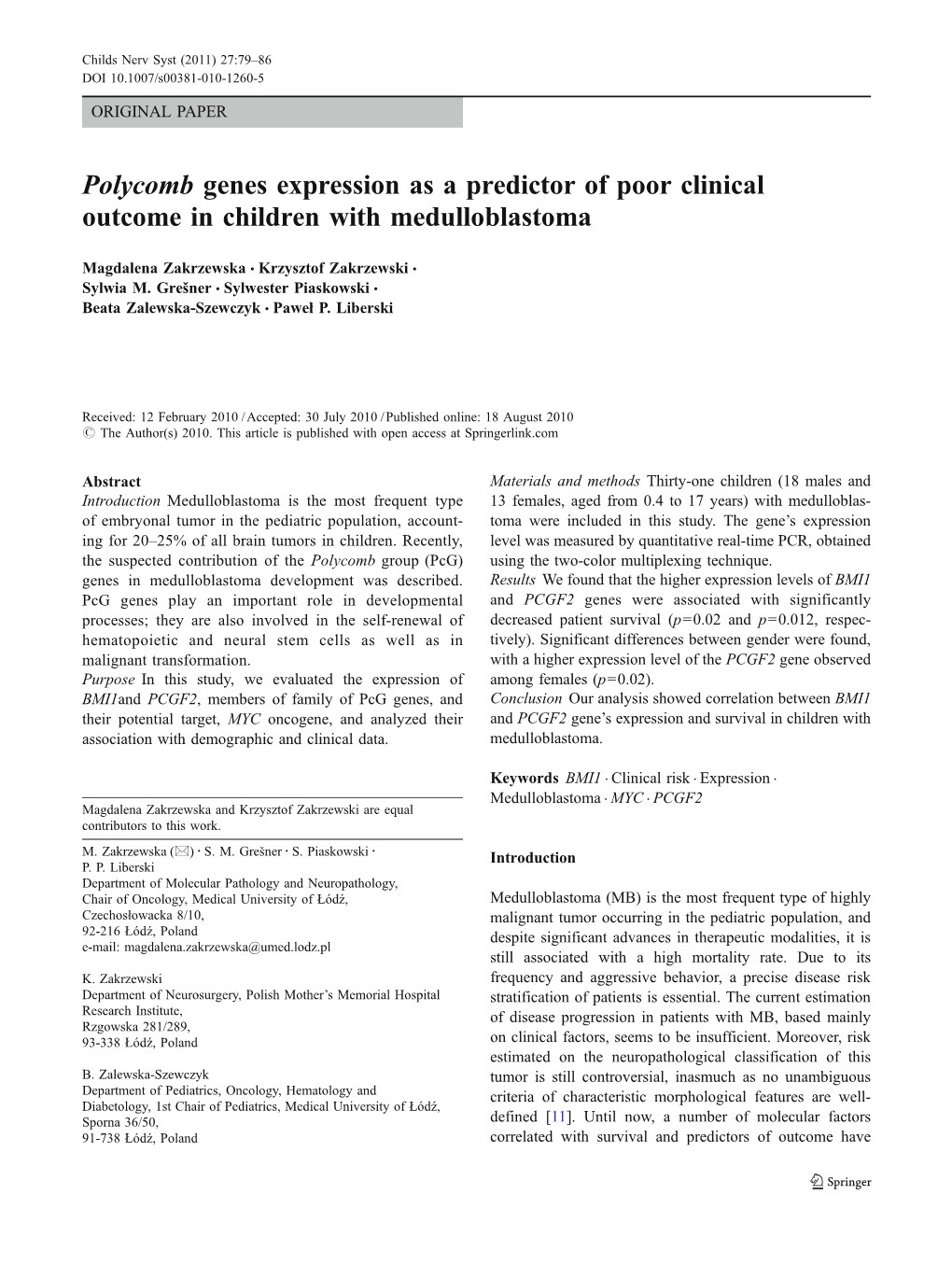 Polycomb Genes Expression As a Predictor of Poor Clinical Outcome in Children with Medulloblastoma