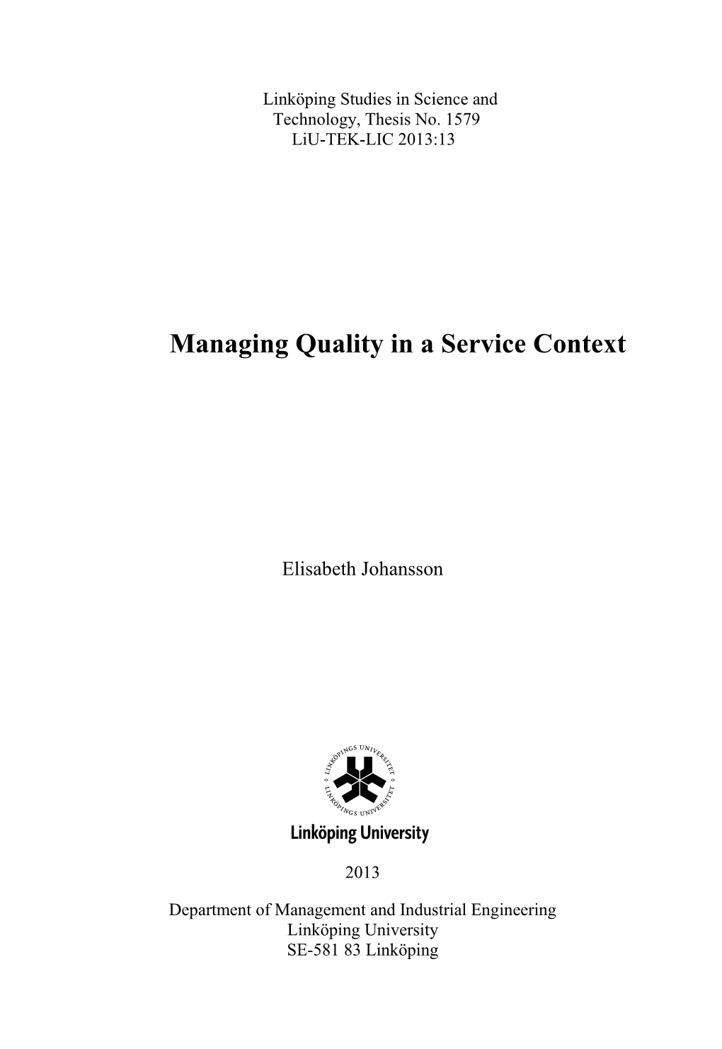 Managing Quality in a Service Context