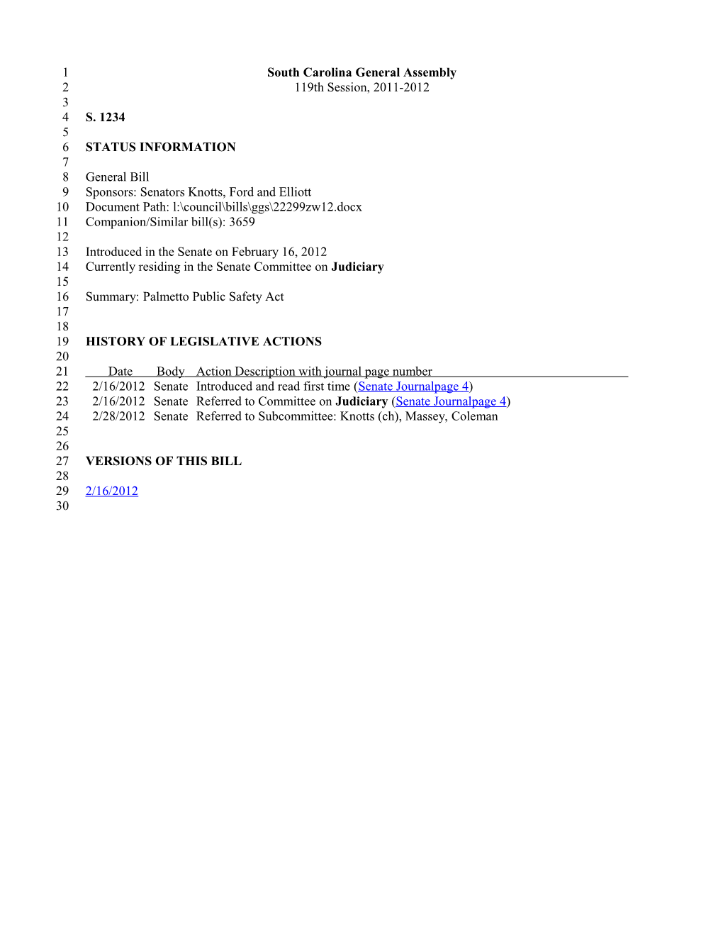 2011-2012 Bill 1234: Palmetto Public Safety Act - South Carolina Legislature Online