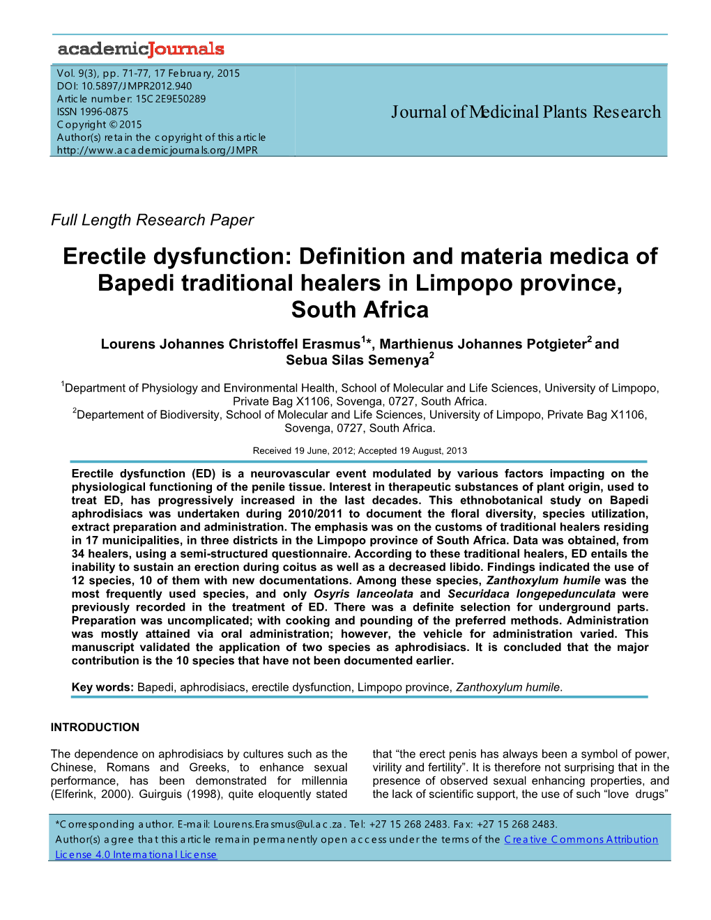 Erectile Dysfunction: Definition and Materia Medica of Bapedi Traditional Healers in Limpopo Province, South Africa