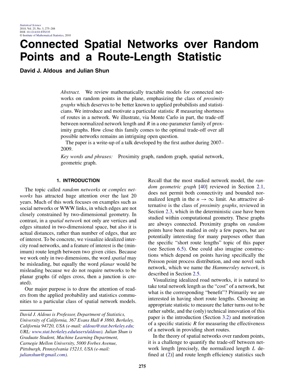 Connected Spatial Networks Over Random Points and a Route-Length Statistic David J