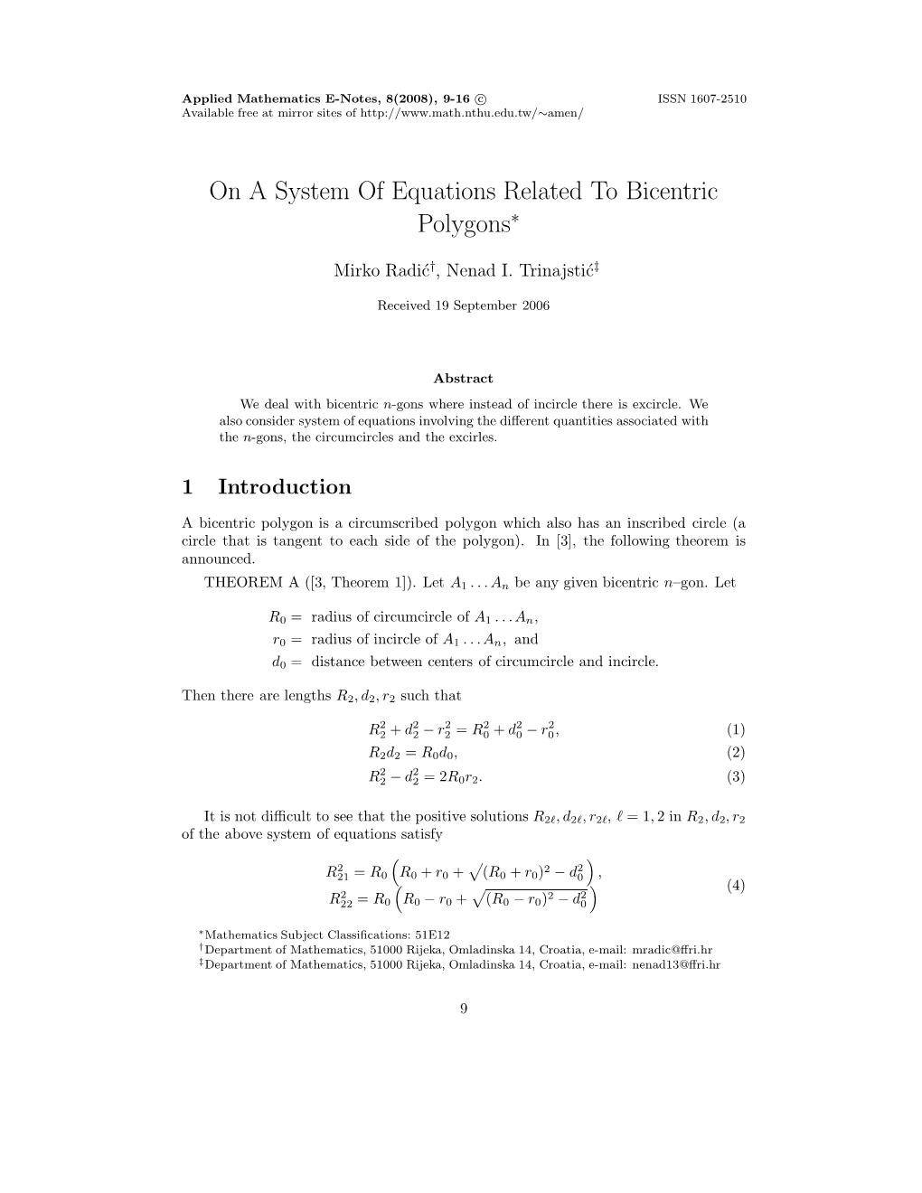 On a System of Equations Related to Bicentric Polygons∗