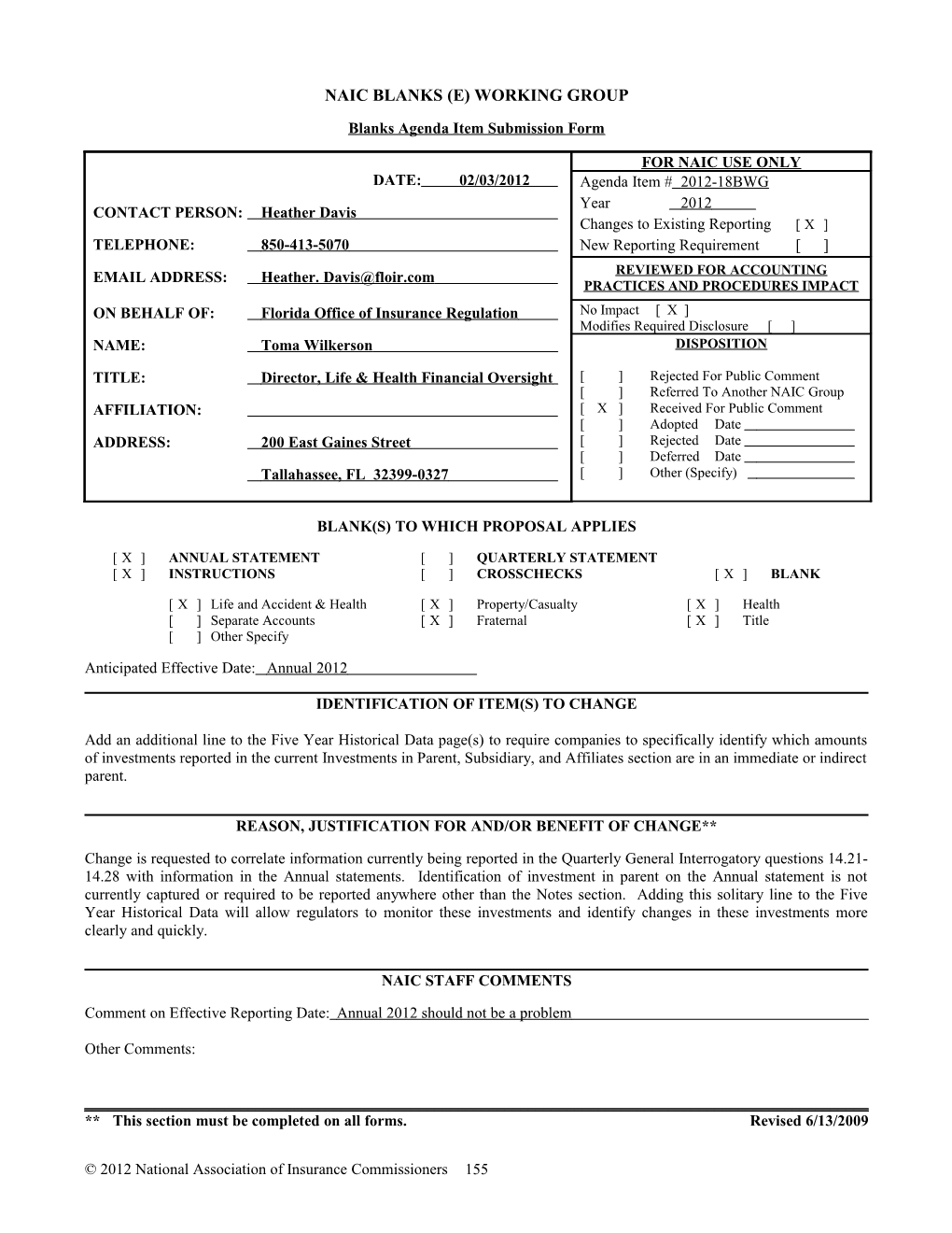 Naic Blanks (E) Working Group - Blanks Agenda Submission Form