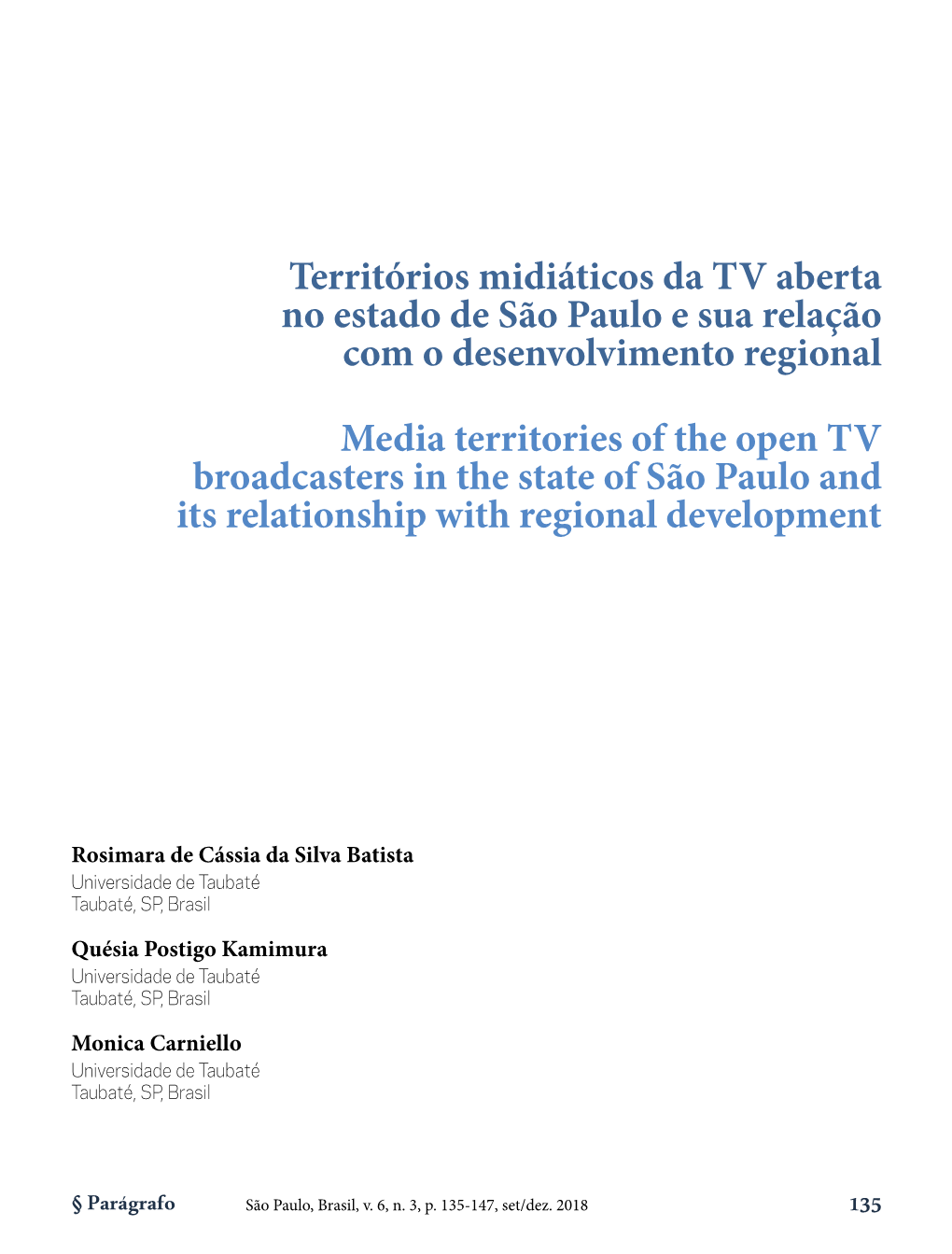 Territórios Midiáticos Da TV Aberta No Estado De São Paulo E Sua Relação Com O Desenvolvimento Regional