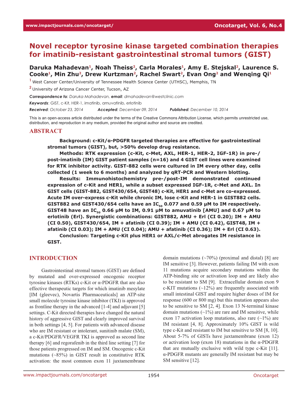 Novel Receptor Tyrosine Kinase Targeted Combination Therapies for Imatinib-Resistant Gastrointestinal Stromal Tumors (GIST)