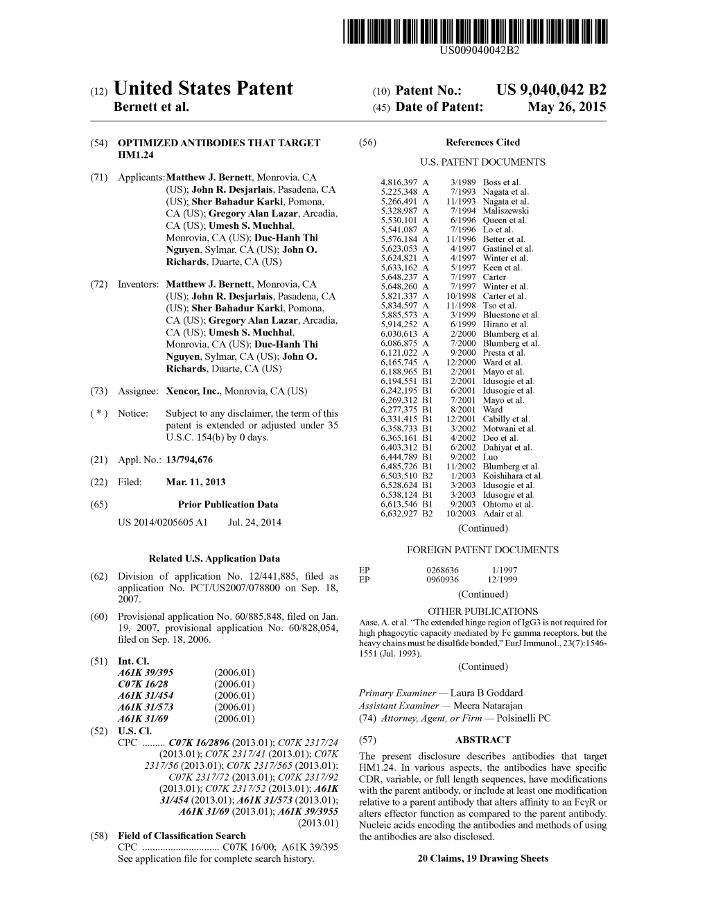 (12) United States Patent (10) Patent No.: US 9,040,042 B2 Bernett Et Al