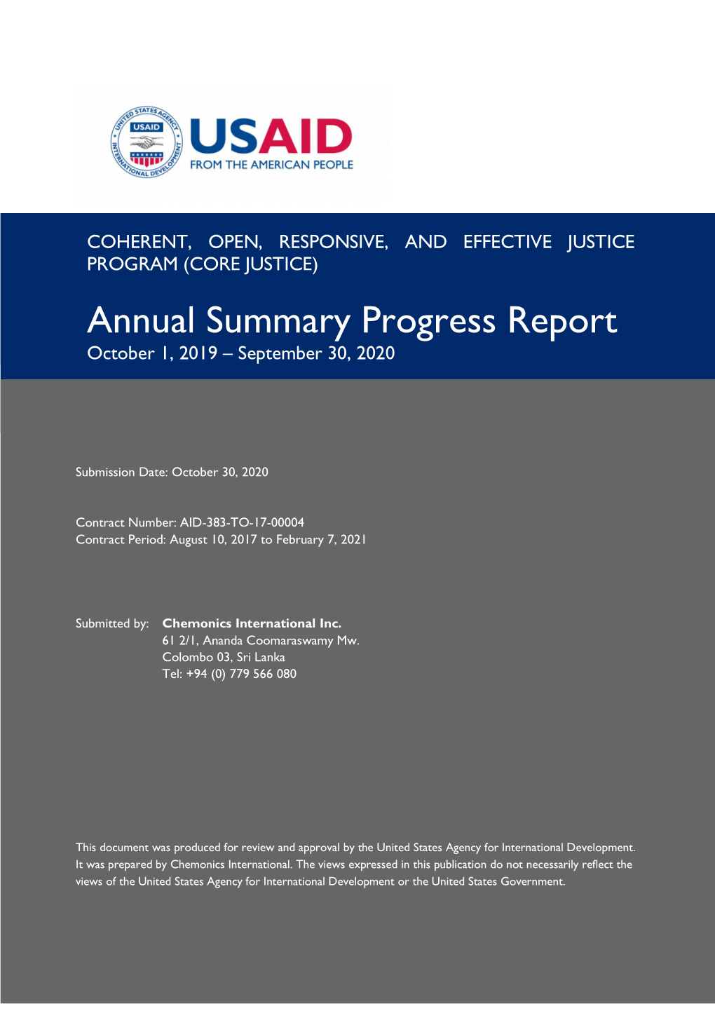 Annual Summary Progress Report October 1, 2019 – September 30, 2020