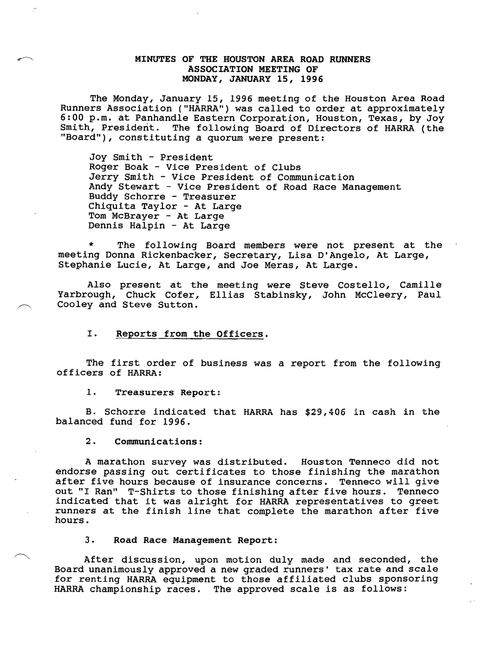 Minutes of the Houston Area Road Runners Association Meeting of Monday, January 15, 1996