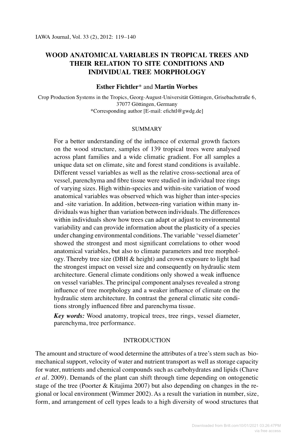 Wood Anatomical Variables in Tropical Trees and Their Relation to Site Conditions and Individual Tree Morphology