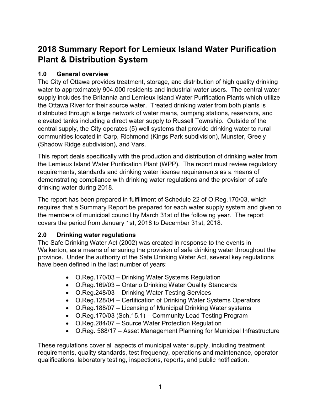 2018 Summary Report for Lemieux Island Water Purification Plant & Distribution System