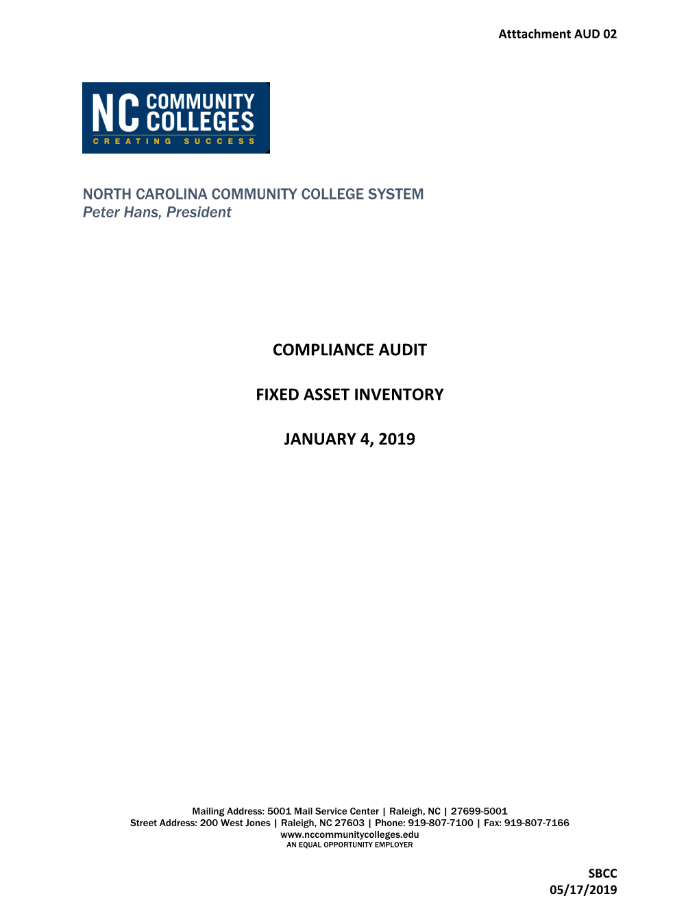 Compliance Audit Fixed Asset Inventory January 4, 2019