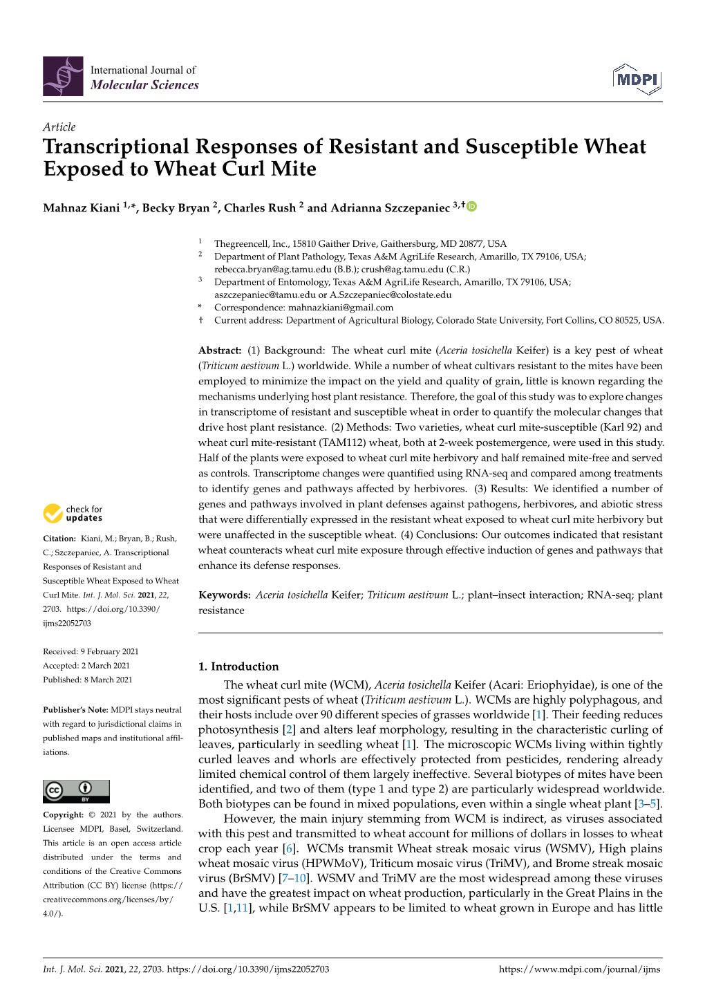 Transcriptional Responses of Resistant and Susceptible Wheat Exposed to Wheat Curl Mite