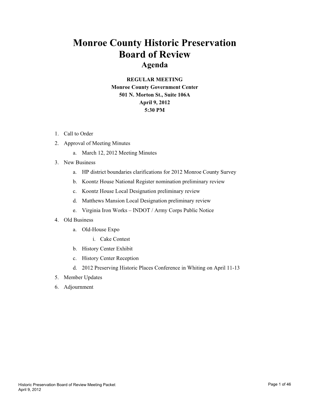 Monroe County Historic Preservation Board of Review Agenda