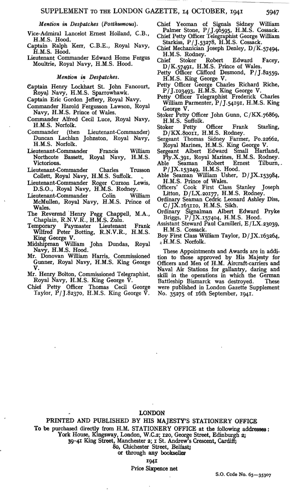 SUPPLEMENT to the LONDON GAZETTE, 14 OCTOBER, 1941 5947 Mention in Despatches (Posthumous)