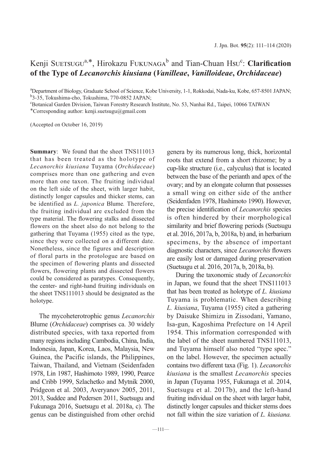 Clarification of the Type of Lecanorchis Kiusiana (Vanilleae