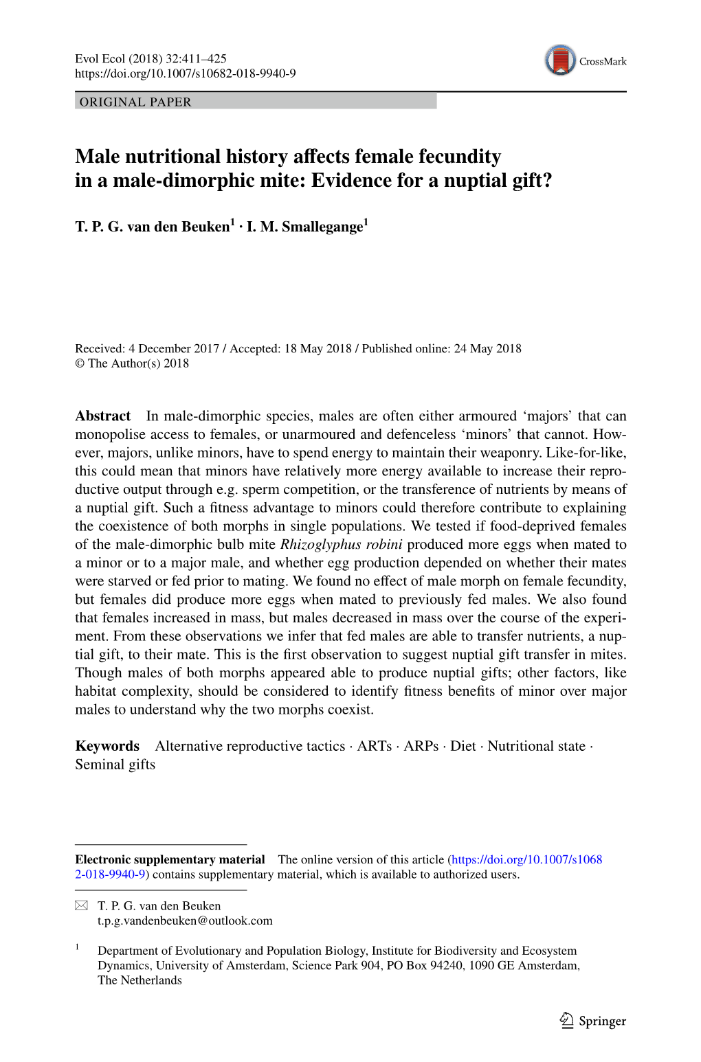 Male Nutritional History Affects Female Fecundity in a Male-Dimorphic Mite