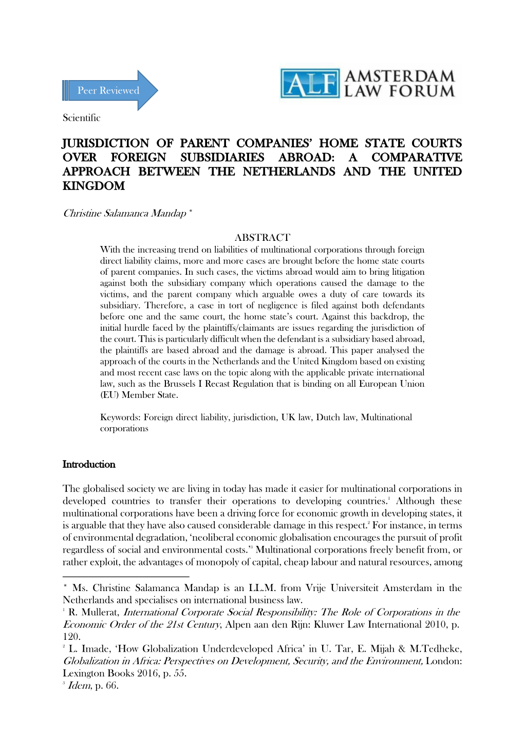 Jurisdiction of Parent Companies' Home State Courts Over Foreign Subsidiaries Abroad