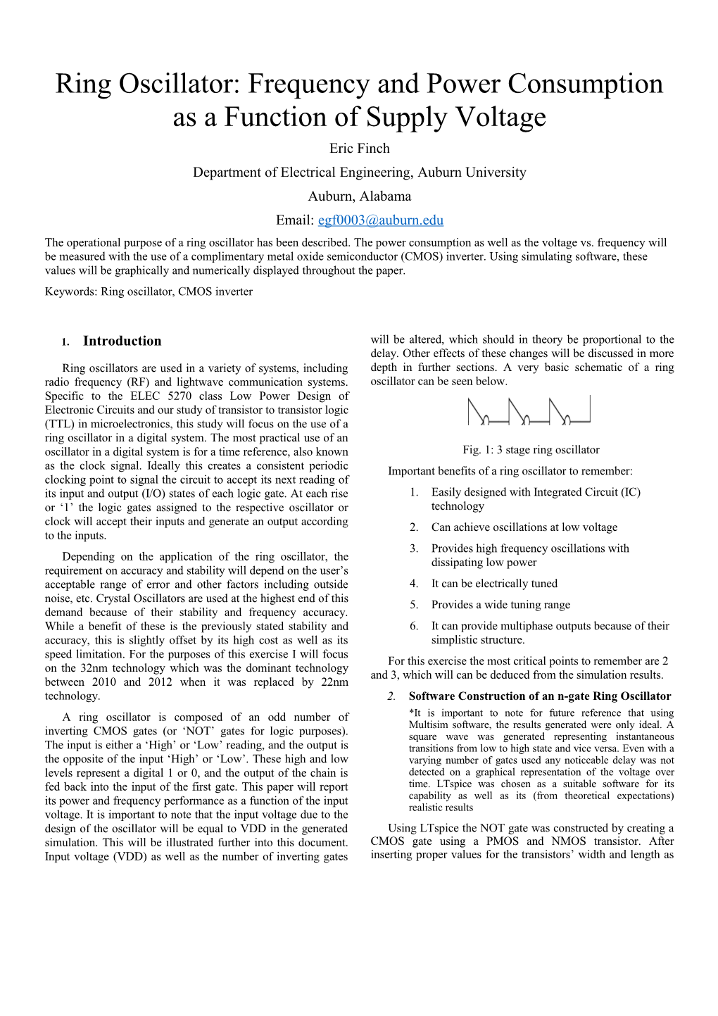 Ring Oscillator: Frequency and Power Consumption As a Function of Supply Voltage